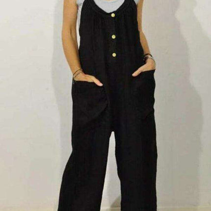 Chic Cotton Linen Jumpsuit with Pocket & Stretchy Waist - Perfect Casual Ensemble - Très Elite