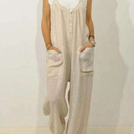 Chic Cotton Linen Jumpsuit with Pocket & Stretchy Waist - Perfect Casual Ensemble - Très Elite