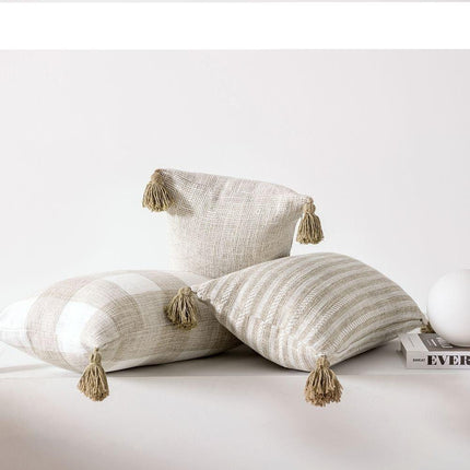 Elegant Cream White Tassel Pillow Cover - Dual Design with Sophisticated Patterns - Très Elite