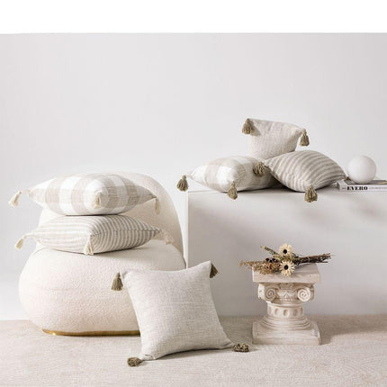 Elegant Cream White Tassel Pillow Cover - Dual Design with Sophisticated Patterns - Très Elite