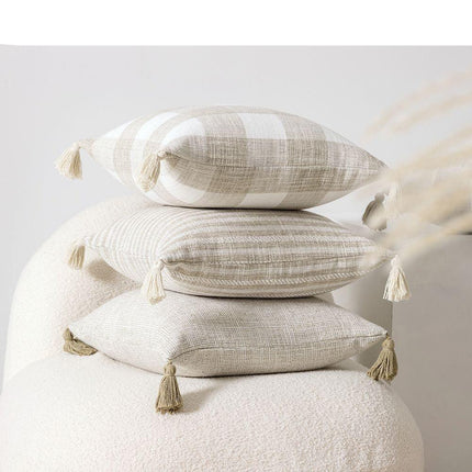 Elegant Cream White Tassel Pillow Cover - Dual Design with Sophisticated Patterns - Très Elite