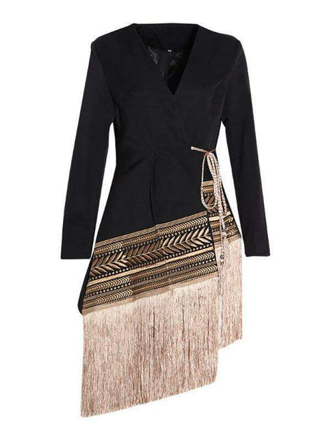 Chic Embroidered Jacquard Blazer with Stylish Tassels for Fashion-Forward Women