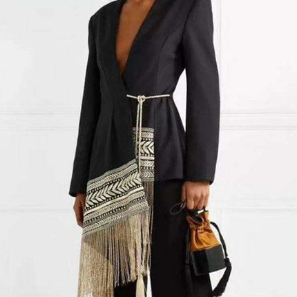 Chic Embroidered Jacquard Blazer with Stylish Tassels for Fashion-Forward Women