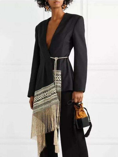 Chic Embroidered Jacquard Blazer with Stylish Tassels for Fashion-Forward Women