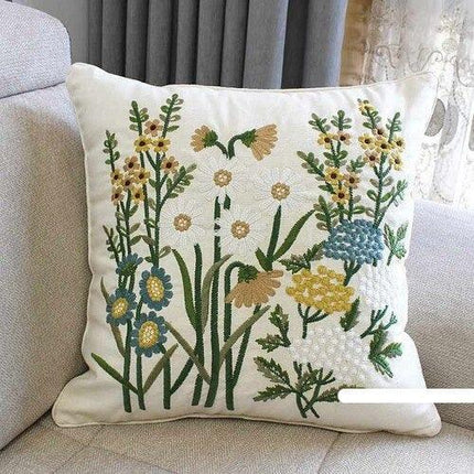 Chic European Garden Floral Embroidered Cotton Cushion Cover - Classic Home Decor Accent