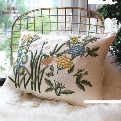 Chic European Garden Floral Embroidered Cotton Cushion Cover - Classic Home Decor Accent