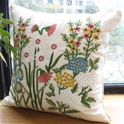 Chic European Garden Floral Embroidered Cotton Cushion Cover - Classic Home Decor Accent