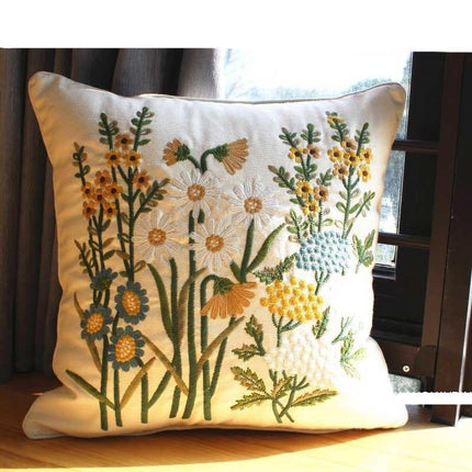 Chic European Garden Floral Embroidered Cotton Cushion Cover - Classic Home Decor Accent