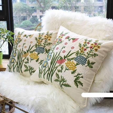 Chic European Garden Floral Embroidered Cotton Cushion Cover - Classic Home Decor Accent