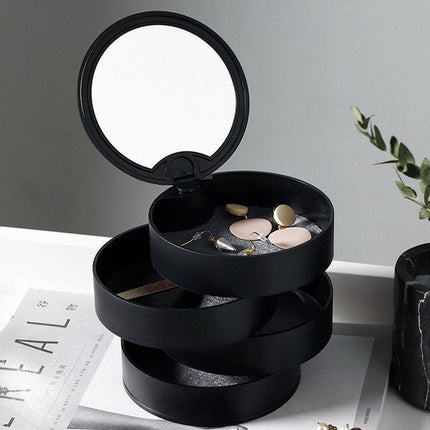 Chic European Jewelry Organizer with Rotating Mirror and Multi-Tiered Storage - Très Elite