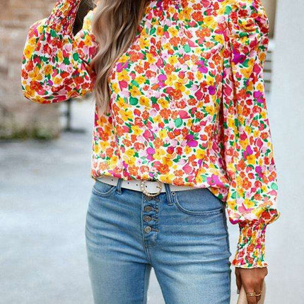 Chic Floral Turtleneck Blouse with Puff Sleeves - Stylish Women's Top - Très Elite