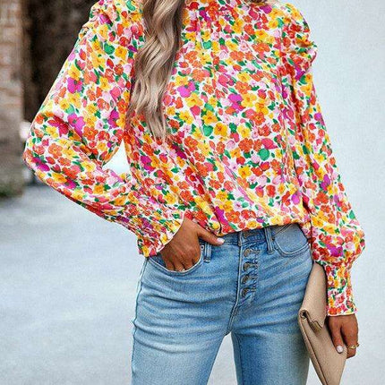 Chic Floral Turtleneck Blouse with Puff Sleeves - Stylish Women's Top - Très Elite