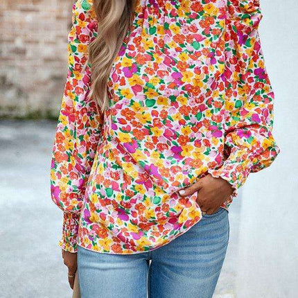 Chic Floral Turtleneck Blouse with Puff Sleeves - Stylish Women's Top - Très Elite