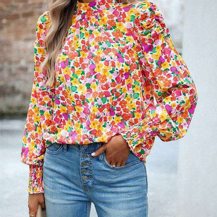 Chic Floral Turtleneck Blouse with Puff Sleeves - Stylish Women's Top