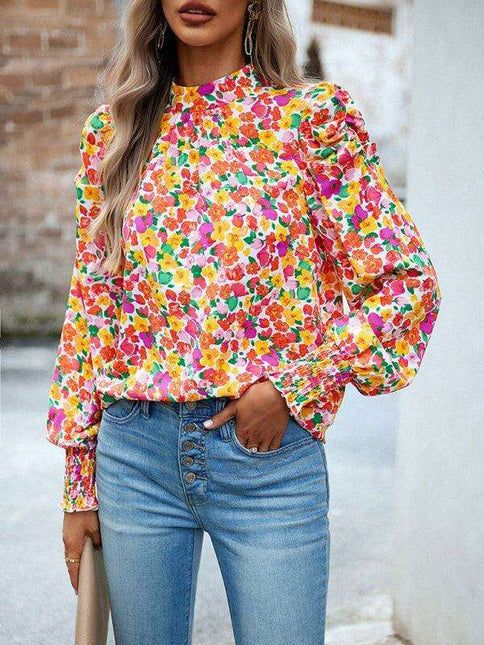 Chic Floral Turtleneck Blouse with Puff Sleeves - Stylish Women's Top