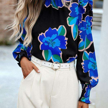 Chic Floral Turtleneck Blouse with Puff Sleeves - Stylish Women's Top - Très Elite