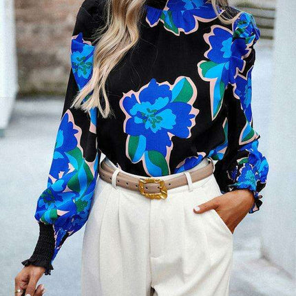 Chic Floral Turtleneck Blouse with Puff Sleeves - Stylish Women's Top - Très Elite