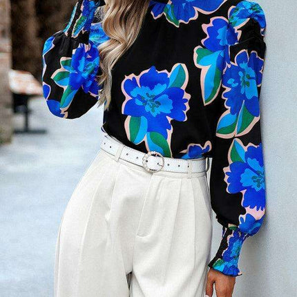 Chic Floral Turtleneck Blouse with Puff Sleeves - Stylish Women's Top - Très Elite