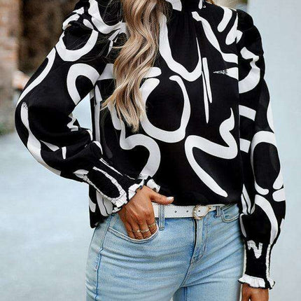 Chic Floral Turtleneck Blouse with Puff Sleeves - Stylish Women's Top