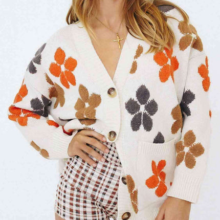 Chic Floral V-Neck Cardigan with Functional Pockets