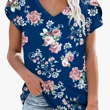 Chic Floral V-Neck Top with Delightful Petal Sleeves