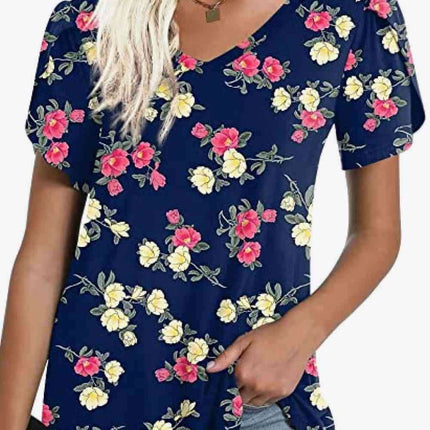 Chic Floral V-Neck Top with Delightful Petal Sleeves