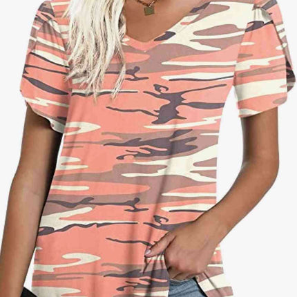 Chic Floral V-Neck Top with Delightful Petal Sleeves