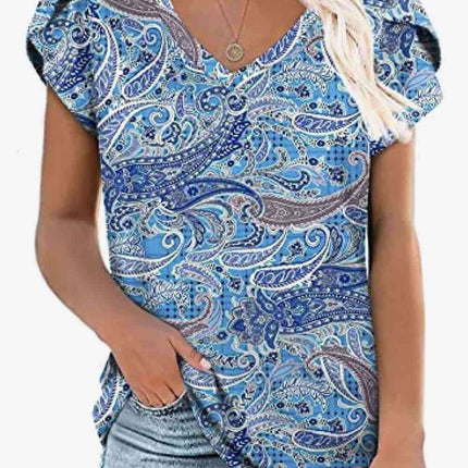 Chic Floral V-Neck Top with Delightful Petal Sleeves