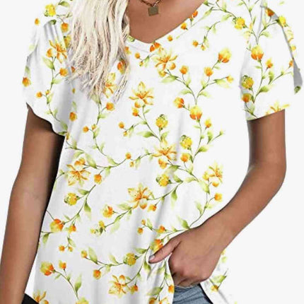 Chic Floral V-Neck Top with Delightful Petal Sleeves