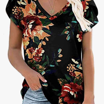 Chic Floral V-Neck Top with Delightful Petal Sleeves