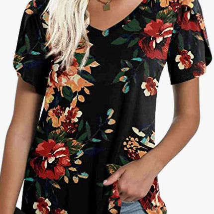 Chic Floral V-Neck Top with Delightful Petal Sleeves