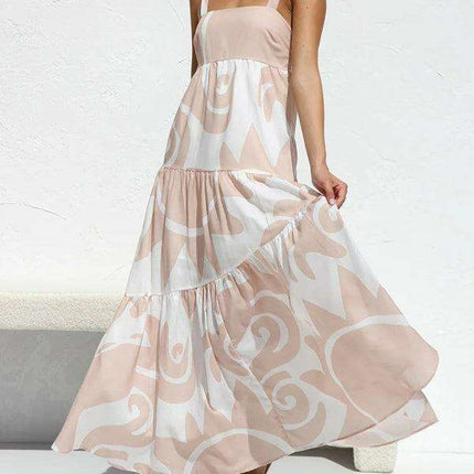 Chic Flowy Skirt Suspender Dress with Elegant Self-Print: A Wardrobe Essential