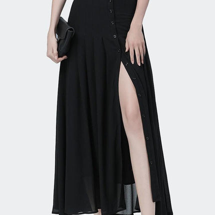 Chic High-Waisted Chiffon A-line Skirt with Stylish Button Slit - Très Elite