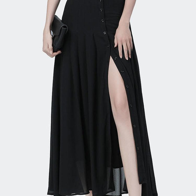 Chic High-Waisted Chiffon A-line Skirt with Stylish Button Slit