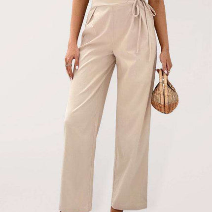 Chic High-Waisted Wide-Leg Trousers with Stylish Tie and Distinctive Print - Très Elite