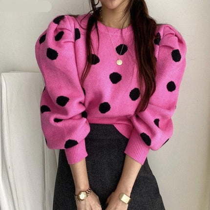 Chic Korean Sweater with Playful Polka Dot Puff Sleeves - Cozy Elegance Redefined - Très Elite