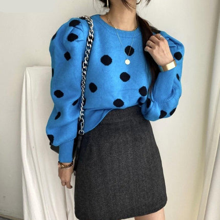 Chic Korean Sweater with Playful Polka Dot Puff Sleeves - Cozy Elegance Redefined - Très Elite