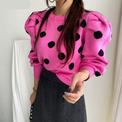 Chic Korean Sweater with Playful Polka Dot Puff Sleeves - Cozy Elegance Redefined - Très Elite