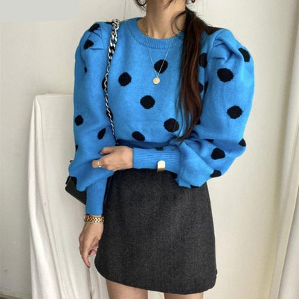 Chic Korean Sweater with Playful Polka Dot Puff Sleeves - Cozy Elegance Redefined - Très Elite