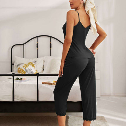 Chic Lace-Accented V-Neck Cami and Trouser Sleep Set - Très Elite