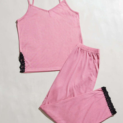 Chic Lace-Accented V-Neck Cami and Trouser Sleep Set - Très Elite