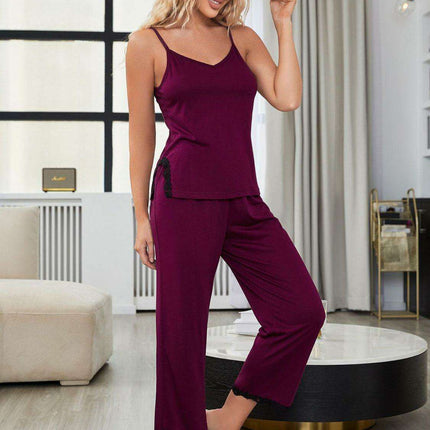 Chic Lace-Accented V-Neck Cami and Trouser Sleep Set - Très Elite