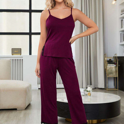 Chic Lace-Accented V-Neck Cami and Trouser Sleep Set