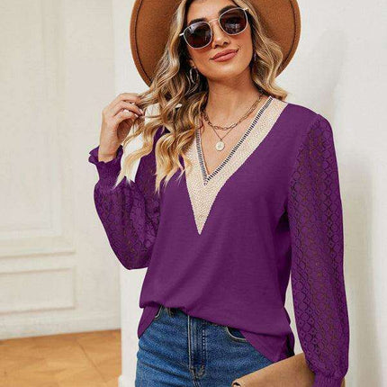 Chic Lace-Detail V-Neck Top with Trendy Oversized Sleeves for Ultimate Comfort