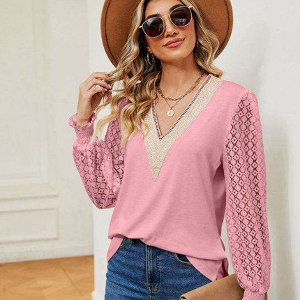 Chic Lace-Detail V-Neck Top with Trendy Oversized Sleeves for Ultimate Comfort