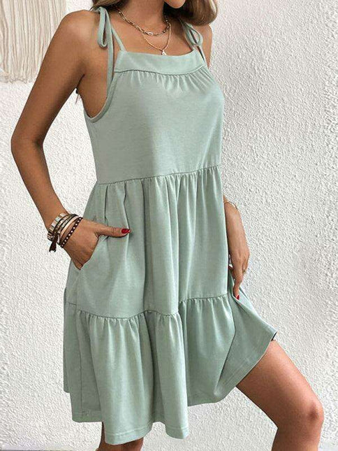 Chic Lace-Up Back Suspender Dress with Charming Bow Accents