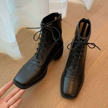Chic Lace-Up Leather Winter Boots with Chunky Heels for Women - Très Elite