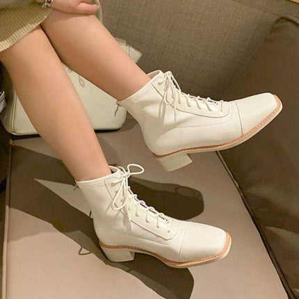 Chic Lace-Up Leather Winter Boots with Chunky Heels for Women - Très Elite