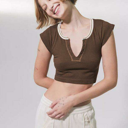 Chic Lace-Up V-Neck Crop Top with Colorful Sleeve Accents