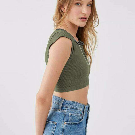 Chic Lace-Up V-Neck Crop Top with Colorful Sleeve Accents